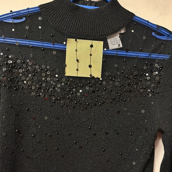 1 Once Again black sweater mesh neckline  sequin beads trim sparkles  size L - Picture 2 of 5